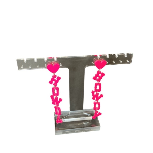 Hot Pink Heart HOWDY Cascading Dangling Acrylic Earrings Dolly Parton - Picture 5 of 9